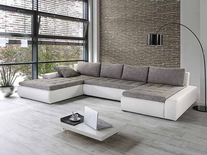 Wohnlandschaft cayenne, 389x212/162cm, webstoff grau, kunstleder ... Wohnzimmer sofa grau